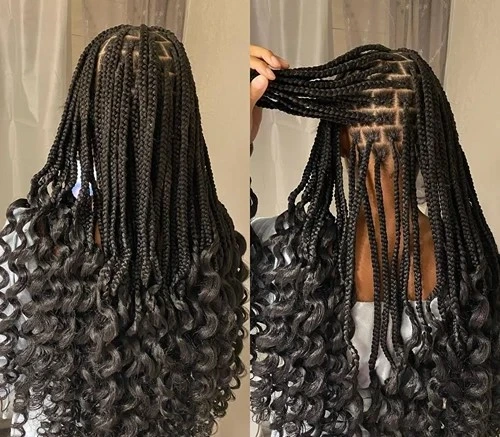 Medium brick-lay knotless box braids with wavy dipped ends