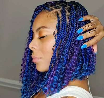 Blue and Purple Bobbed Boho Knotless Braids