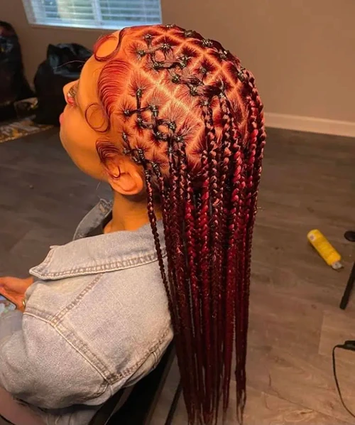 Burgundy rubber band knotless braids