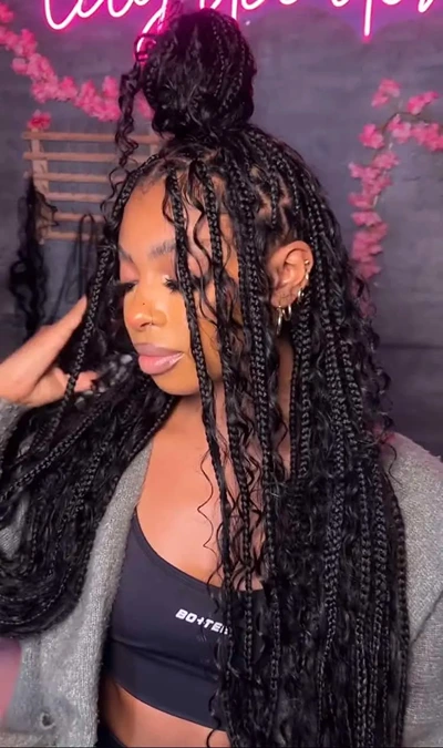 High messy bun boho knotless braids with human hair