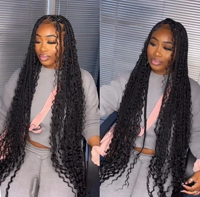 Long bohemian knotless braids with human hair curls