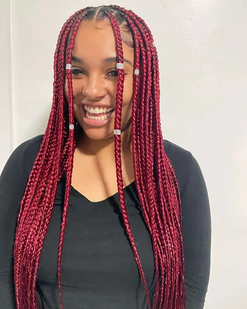 Medium Red Knotless Braids With Accessories