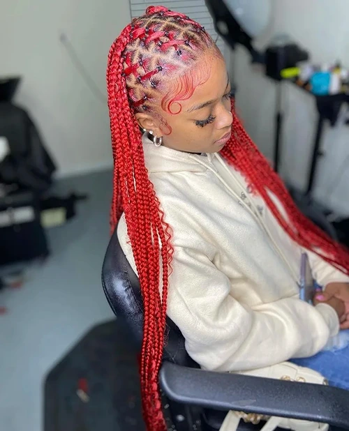 Red Boho Criss Cross Knotless Braids