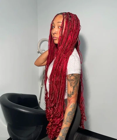 Red boho knotless with curly ends