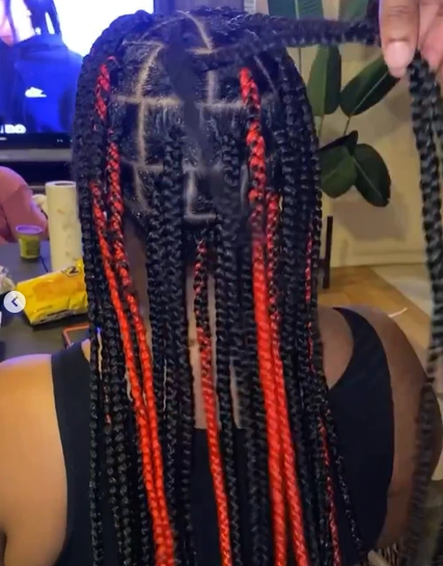 red and black knotless braids