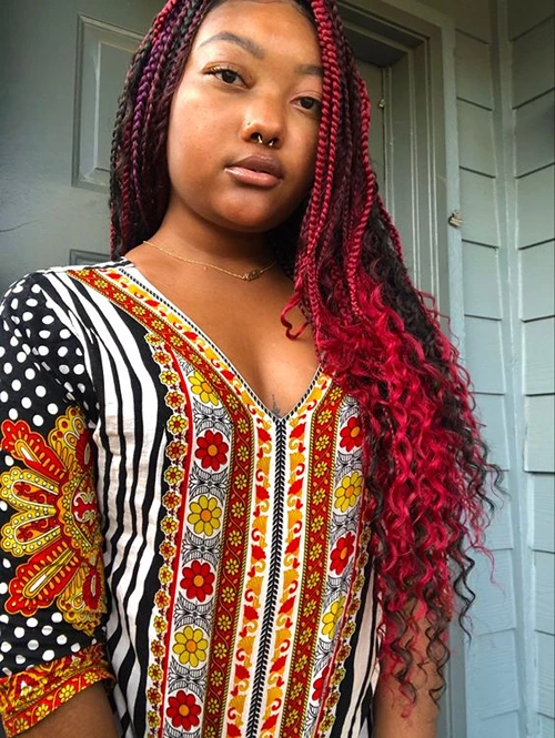 red and black boho knotless braids