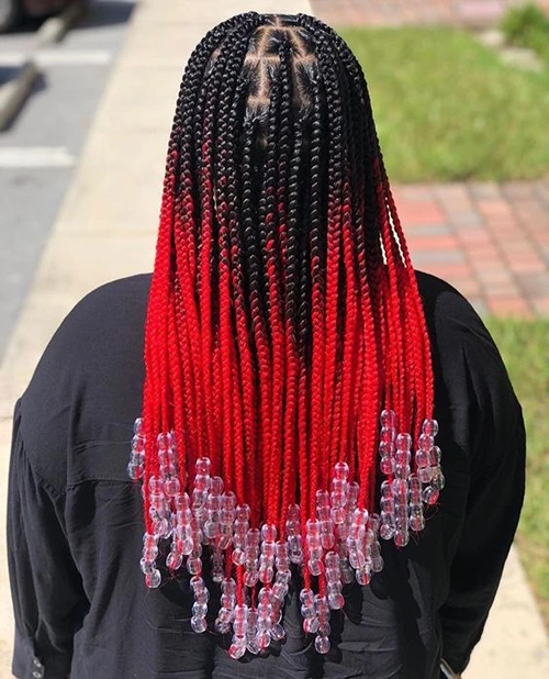 red and black knotless braids with beads