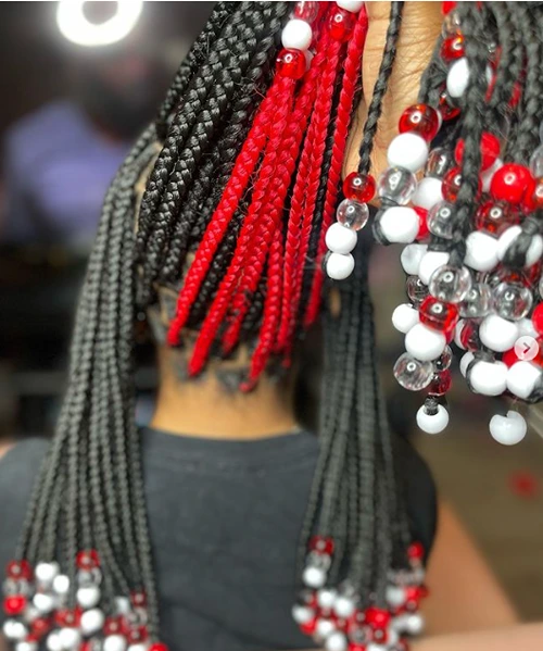 red knotless braids with beads