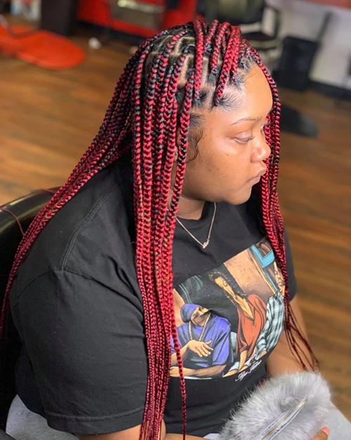 red medium knotless braids